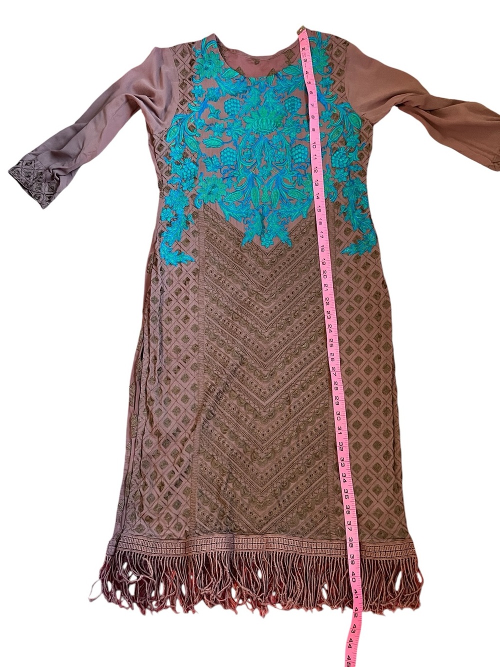 Handmade Indian Kurta Brown and Turquoise Green Embroidered - Picture 10 of 13